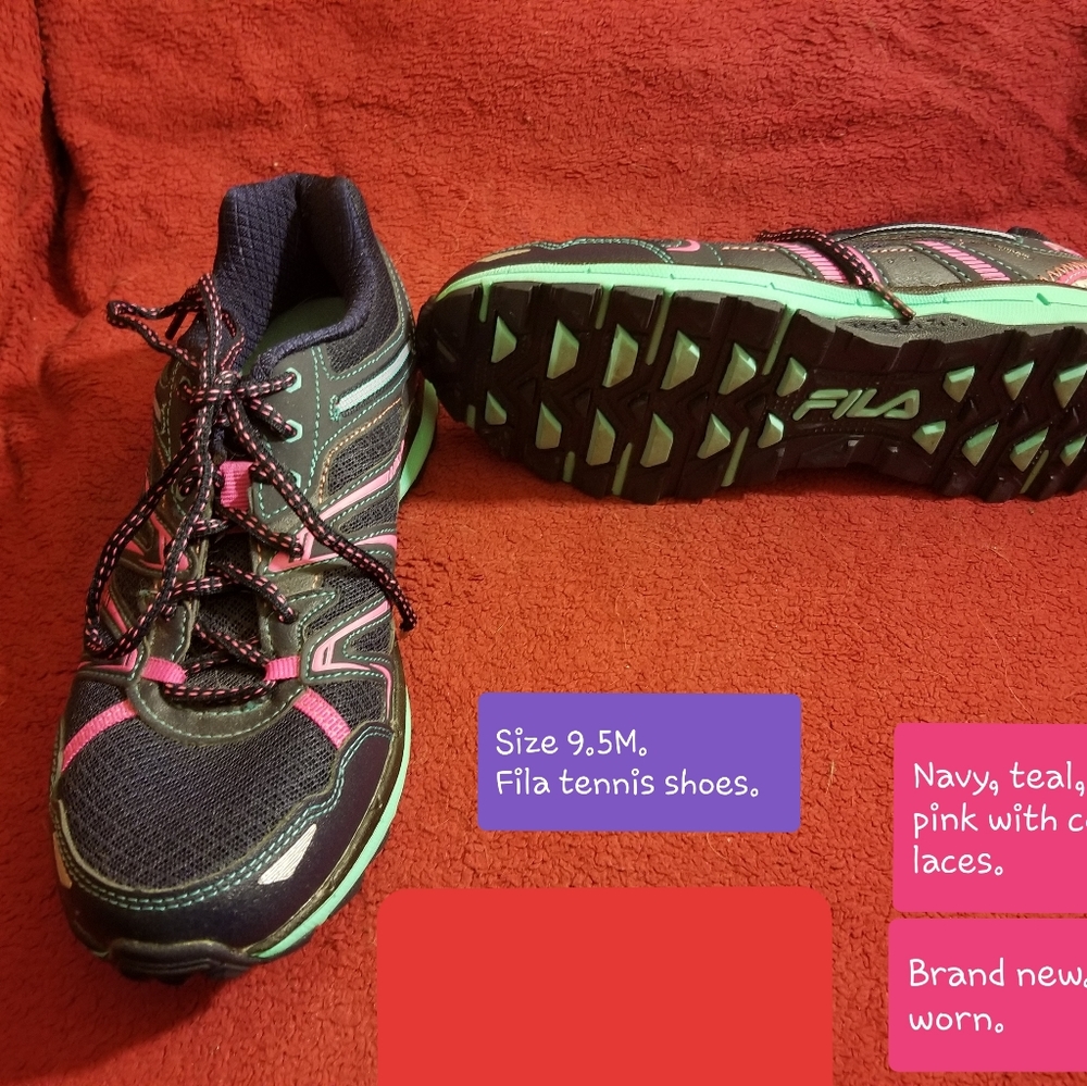 Teal, navy, and hot pink Fila tennis shoes.